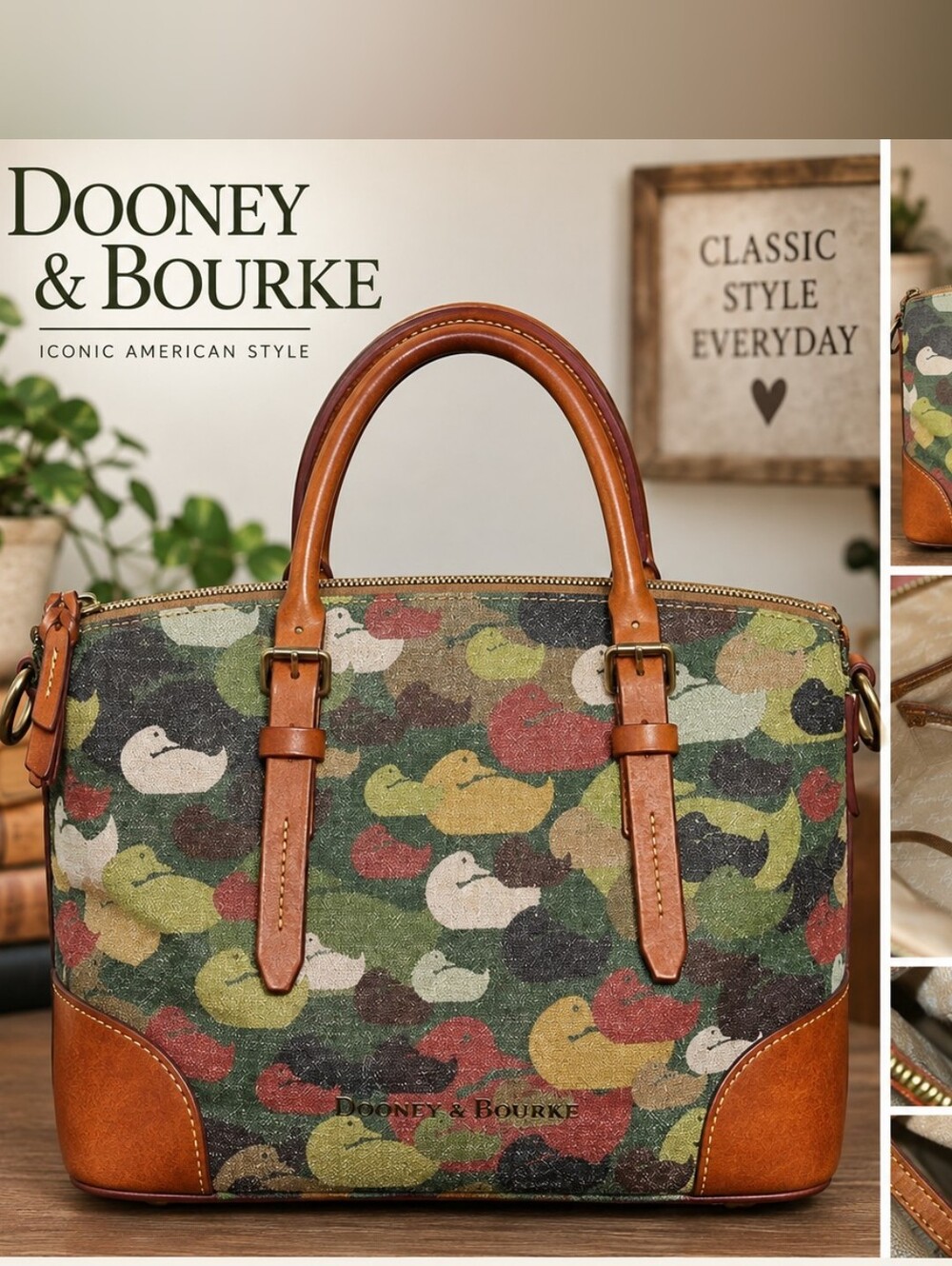 Dooney and Bourke Canvas Duck-Print Tote with Brown Leather Trim